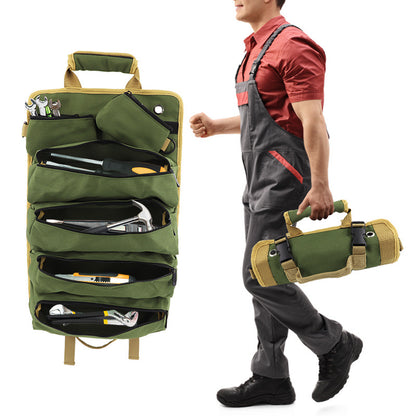 Person holding a green tool bag with various tools inside on a white background