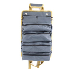 Gray and yellow backpack with multiple pockets on a white background