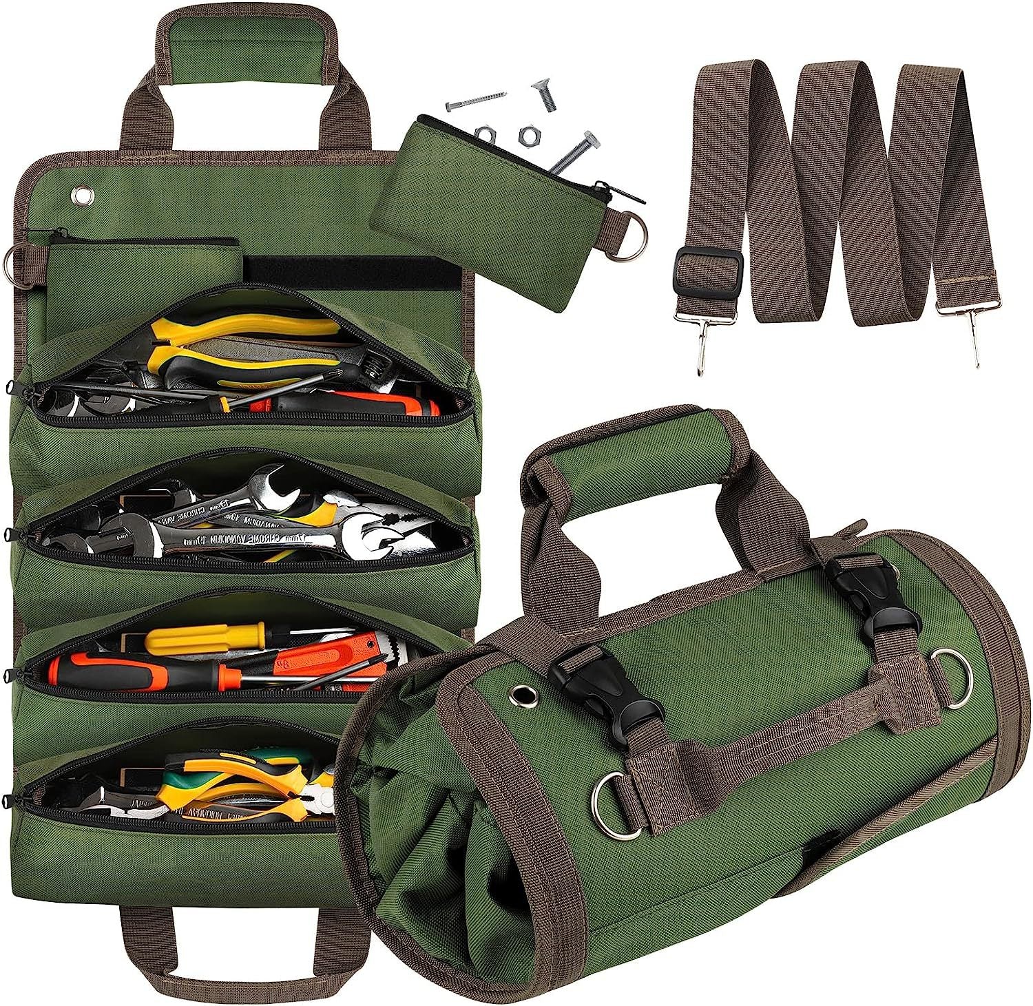 Green tool roll with tools and straps on a white background