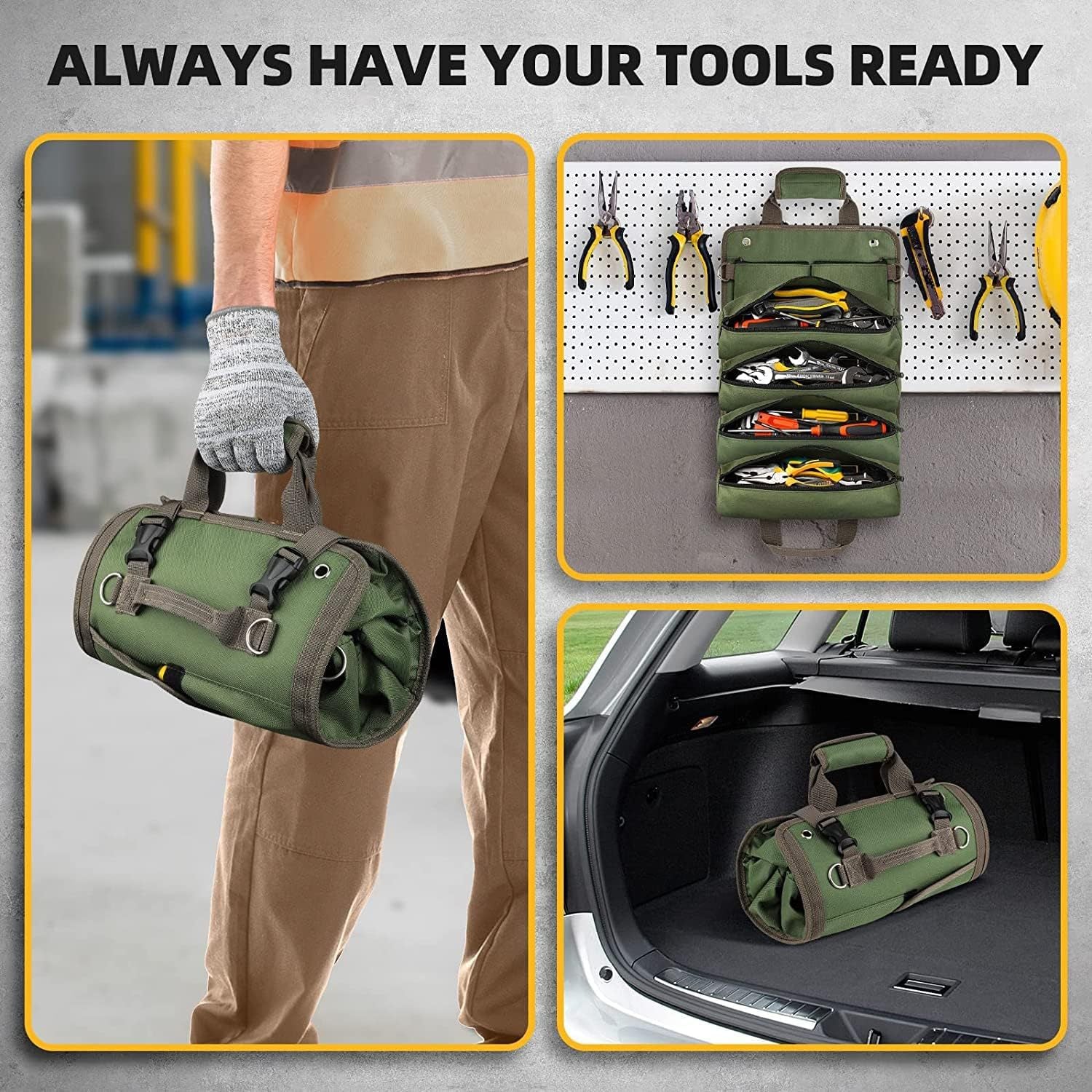 Green tool bag with tools, person holding it, and tools organized on a pegboard.