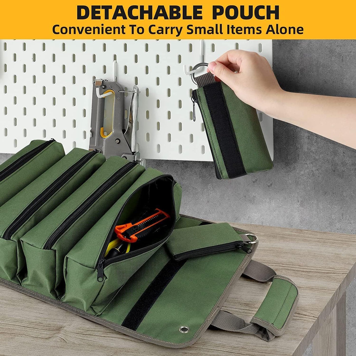 Green detachable pouch with tools on a wooden surface, with text indicating its convenience for carrying small items.