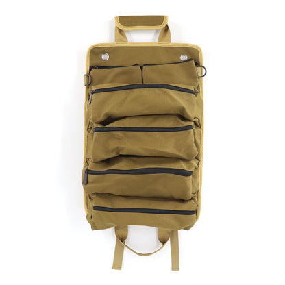 Brown backpack with multiple pockets on a white background