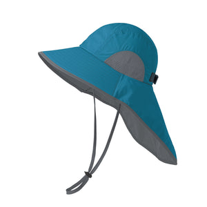 Dark Blue Wide Brim Sun Hat with Cape - Foldable UV Protection - 10cm Brim