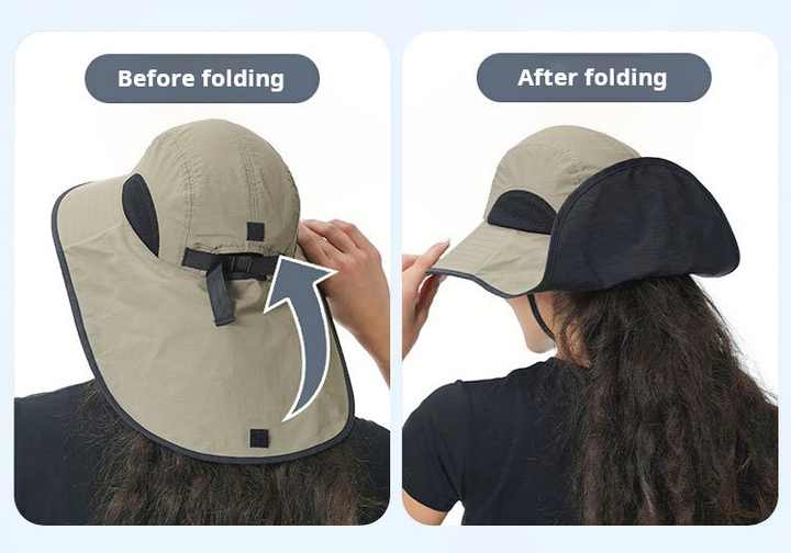 Blue Wide Brim Sun Hat with Cape - Foldable UV Protection - 10cm Brim