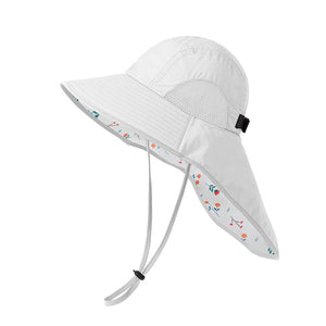 White Wide Brim Sun Hat with Cape - Foldable UV Protection - 10cm Brim