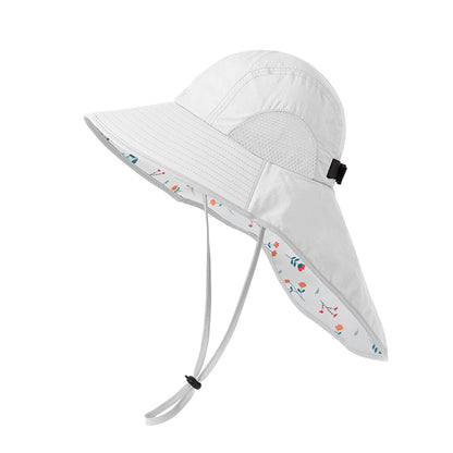 White Wide Brim Sun Hat with Cape - Foldable UV Protection - 10cm Brim