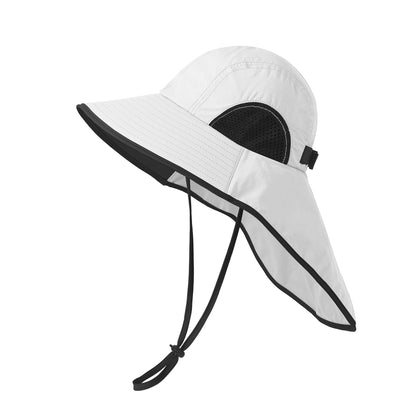 Black White Wide Brim Sun Hat with Cape - Foldable UV Protection - 10cm Brim