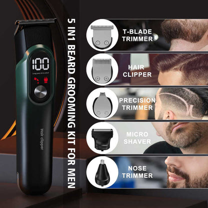 Green 5-in-1 Digital Display Hair Clipper Set - Adjustable Multifunctional Trimmer for Hair, Beard, and Precision Grooming
