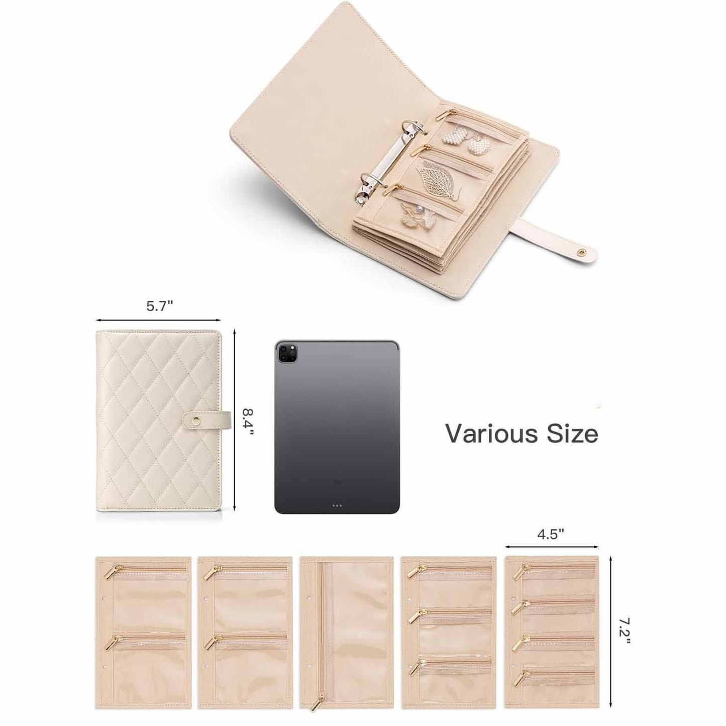 White Foldable Travel Jewelry Organizer - Velvet Zippered Case with Transparent Pages & Detachable Pouches