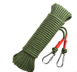Green Camping Clothesline rope with carabiners on a white background