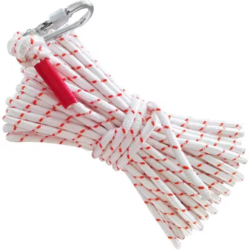 White Camping Clothesline rope with red dots and a carabiner on a white background