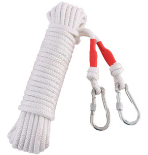 White Camping Clothesline rope with red accents and carabiners on a white background