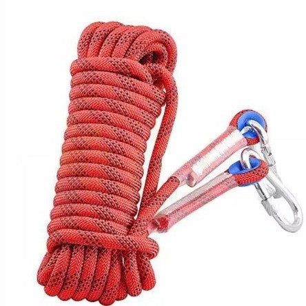 Red Camping Clothesline rope with a carabiner on a white background