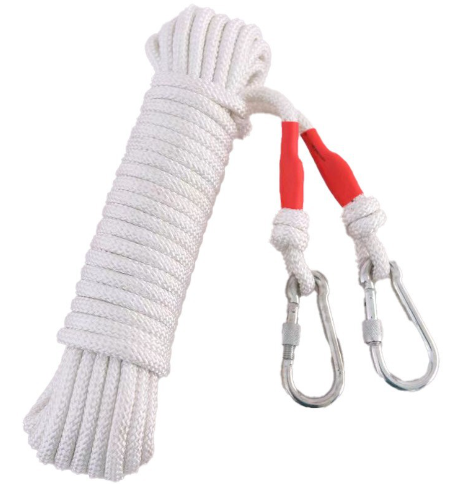 White Camping Clothesline with red accents and carabiners on a white background