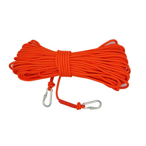 Orange Camping Clothesline rope with carabiners on a white background