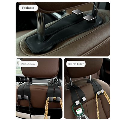 Black Heavy Duty Car Headrest Hooks (Set of 4 Units) - PU Leather Seat Back Organizer Hangers