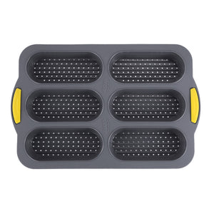 Grey 6-hole silicone baking mold, perforated loaf pan 37.5 cm x 24.5 cm, suitable for bread and cakes (sold in sets of 2)