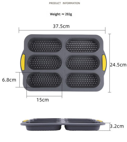 Grey 6-hole silicone baking mold, perforated loaf pan 37.5 cm x 24.5 cm, suitable for bread and cakes (sold in sets of 2)
