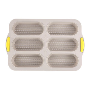 Brown 6-hole silicone baking mold, perforated loaf pan 37.5 cm x 24.5 cm, suitable for bread and cakes (sold in sets of 2)