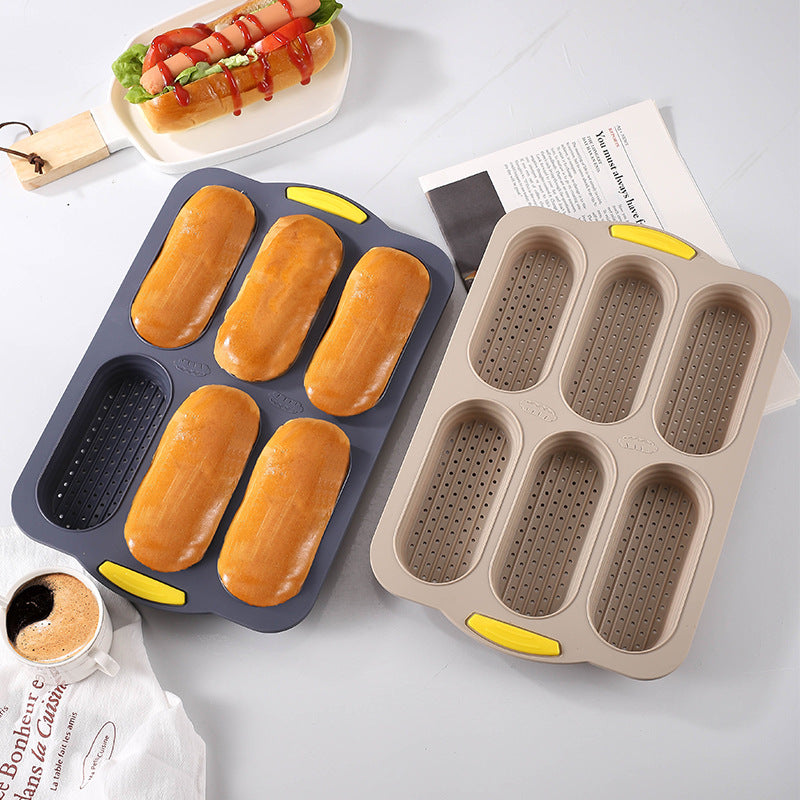 Brown 6-hole silicone baking mold, perforated loaf pan 37.5 cm x 24.5 cm, suitable for bread and cakes (sold in sets of 2)