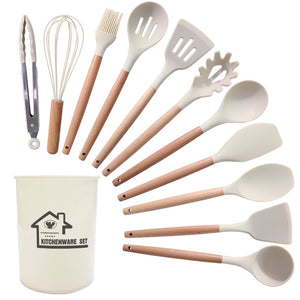 White 11-Piece Silicone Kitchen Utensil Set with Wooden Handles and Storage Bucket - Heat Resistant and Non-Stick