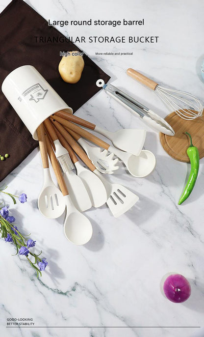 Dark Grey 11-Piece Silicone Kitchen Utensil Set with Wooden Handles and Storage Bucket - Heat Resistant and Non-Stick