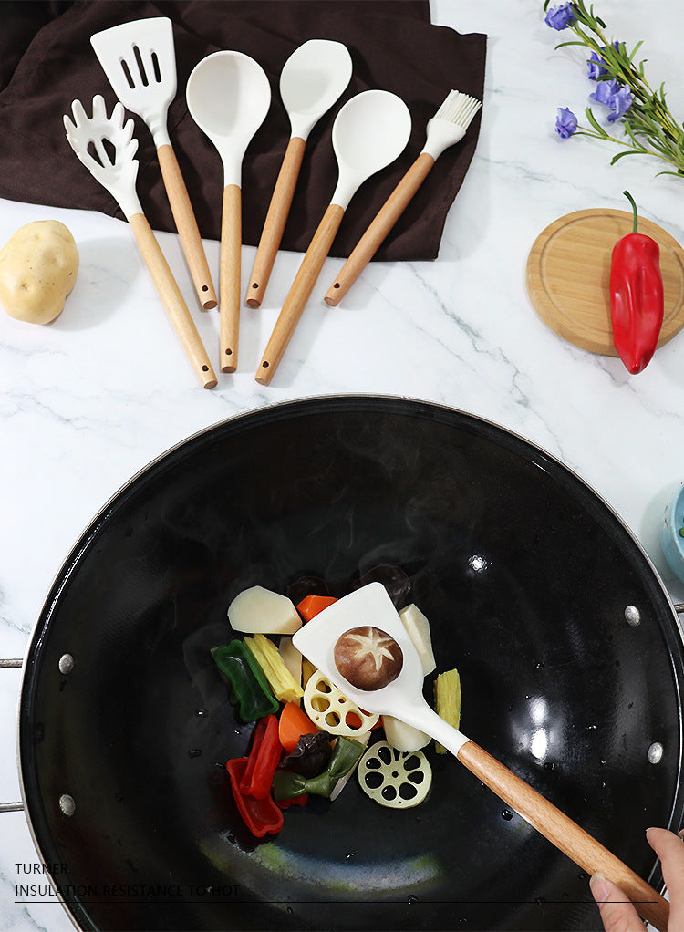 Dark Grey 11-Piece Silicone Kitchen Utensil Set with Wooden Handles and Storage Bucket - Heat Resistant and Non-Stick