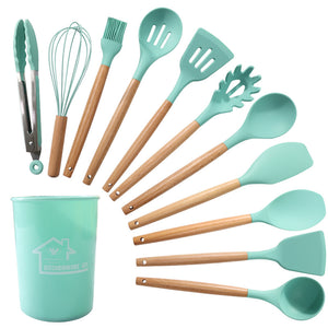 Dark Green 11-Piece Silicone Kitchen Utensil Set with Wooden Handles and Storage Bucket - Heat Resistant and Non-Stick