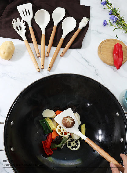 Dark Green 11-Piece Silicone Kitchen Utensil Set with Wooden Handles and Storage Bucket - Heat Resistant and Non-Stick