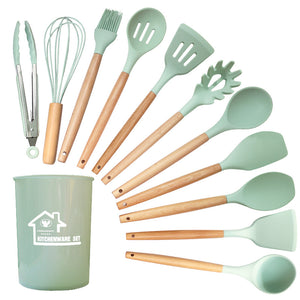 Light Green 11-Piece Silicone Kitchen Utensil Set with Wooden Handles and Storage Bucket - Heat Resistant and Non-Stick
