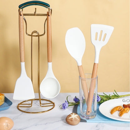 Light Green 11-Piece Silicone Kitchen Utensil Set with Wooden Handles and Storage Bucket - Heat Resistant and Non-Stick