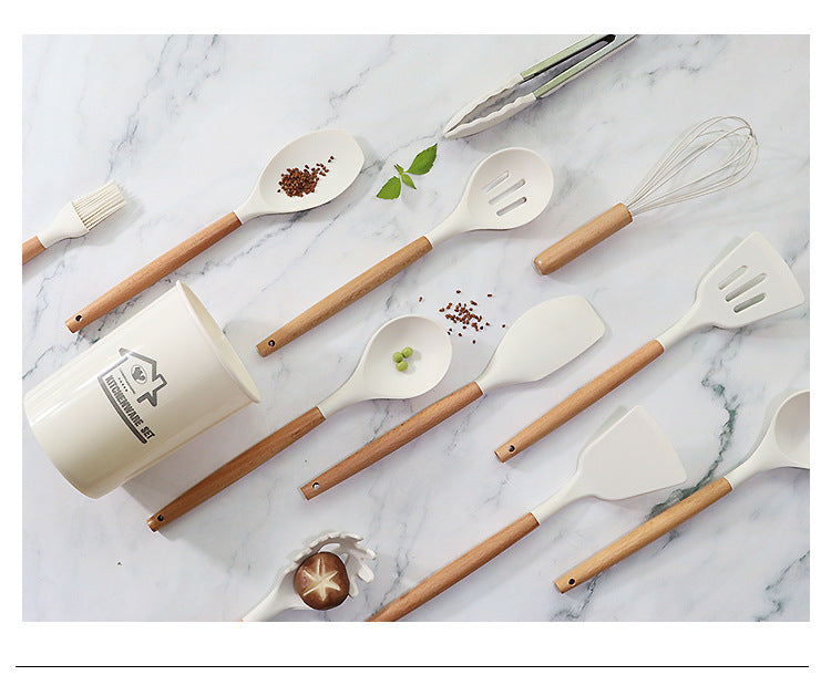 Pink 11-Piece Silicone Kitchen Utensil Set with Wooden Handles and Storage Bucket - Heat Resistant and Non-Stick