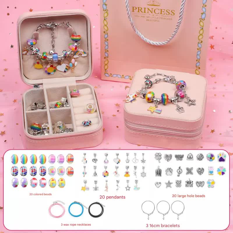 Colorful Kids DIY Beaded Bracelet Set - Creative Jewelry Making Kit with Princess Gift Box and Display Stand