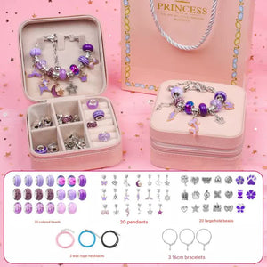 Purple Kids DIY Beaded Bracelet Set - Creative Jewelry Making Kit with Princess Gift Box and Display Stand