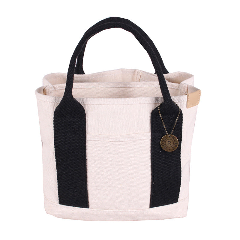 White with black Canvas Lunch Tote Bag - Stylish Handbag with Multiple Compartments for Women
