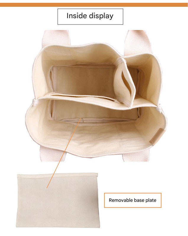 White with black Canvas Lunch Tote Bag - Stylish Handbag with Multiple Compartments for Women