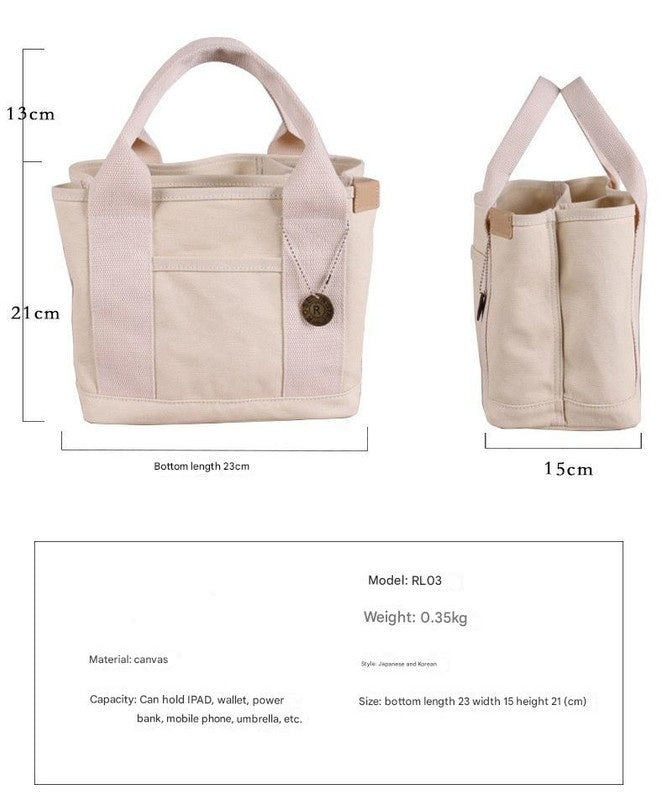 White with black Canvas Lunch Tote Bag - Stylish Handbag with Multiple Compartments for Women