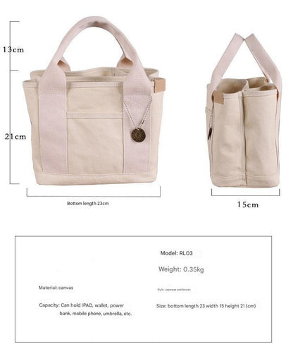 White with black Canvas Lunch Tote Bag - Stylish Handbag with Multiple Compartments for Women