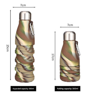 Camouflage Green Collapsible Silicone Water Bottle - Portable Sports Hydration Flask with Carabiner, 550ml/300ml