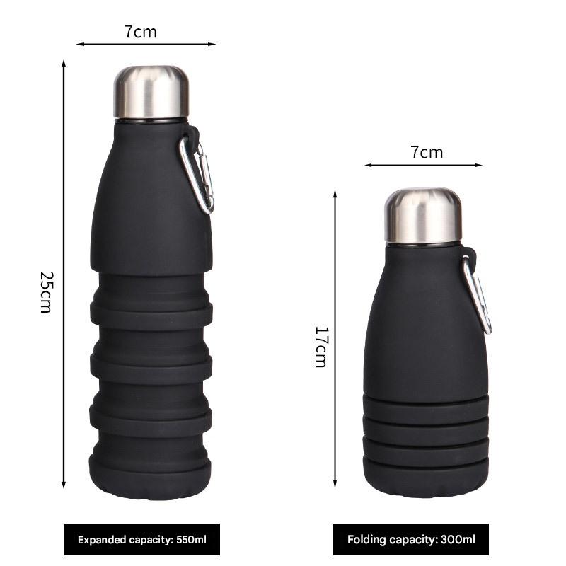 Black Collapsible Silicone Water Bottle - Portable Sports Hydration Flask with Carabiner, 550ml/300ml - Factory Direct Shop