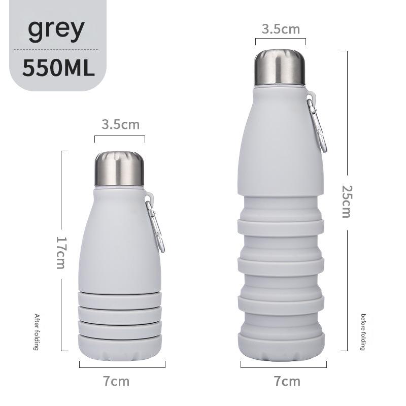 Gray Collapsible Silicone Water Bottle - Portable Sports Hydration Flask with Carabiner, 550ml/300ml - Factory Direct Shop