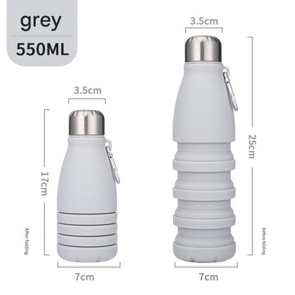 Gray Collapsible Silicone Water Bottle - Portable Sports Hydration Flask with Carabiner, 550ml/300ml - Factory Direct Shop