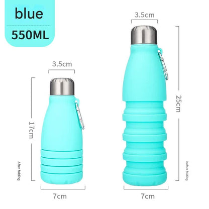 Blue Collapsible Silicone Water Bottle - Portable Sports Hydration Flask with Carabiner, 550ml/300ml - Factory Direct Shop
