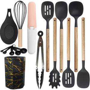 Black 12-Piece Silicone Cooking Utensil Set - Non-Stick Food-Grade Kitchen Tools with Holder