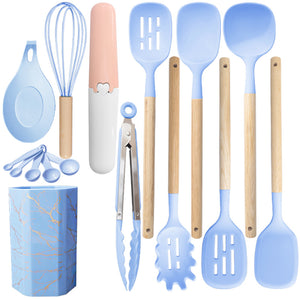 Blue 12-Piece Silicone Cooking Utensil Set - Non-Stick Food-Grade Kitchen Tools with Holder