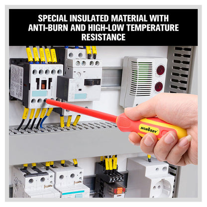 Hand holding a screwdriver with text about special insulated material properties.