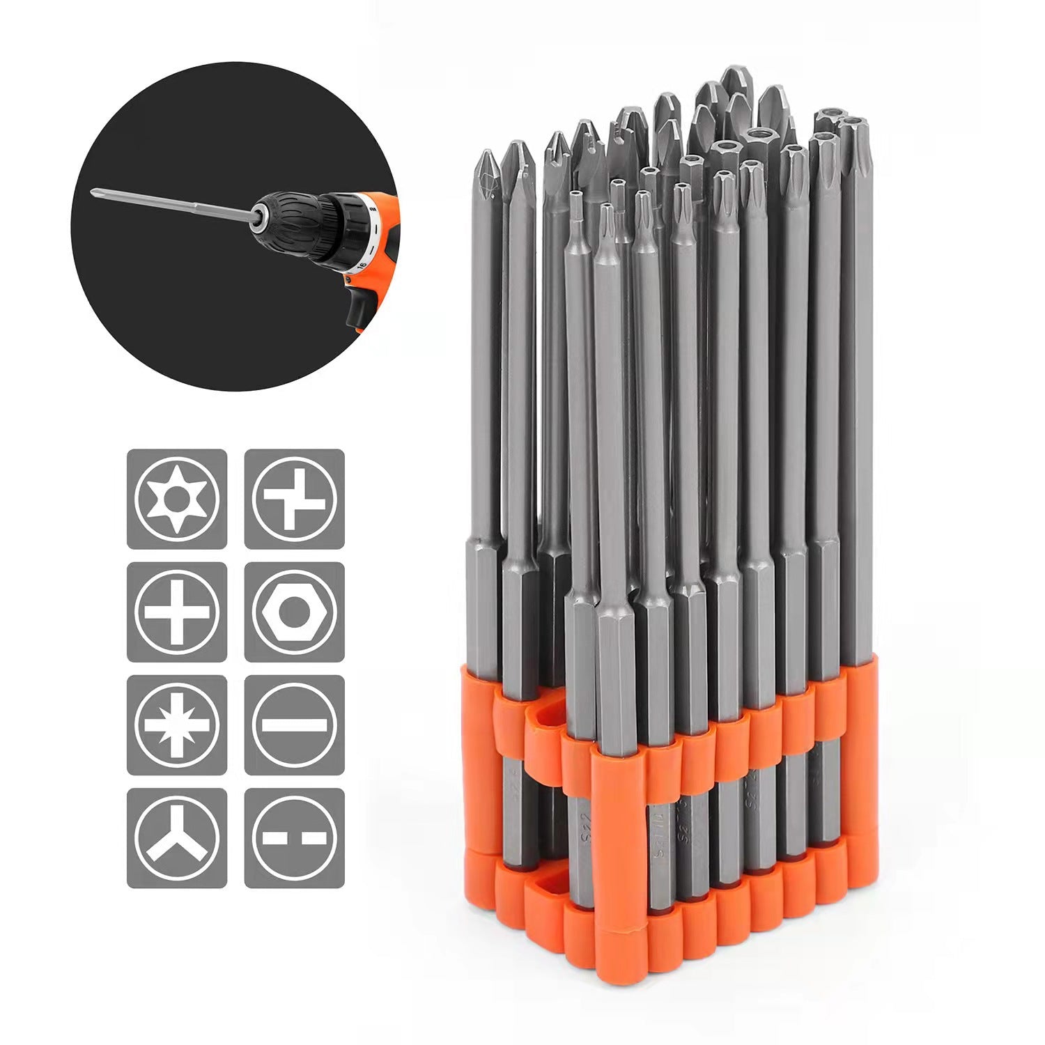 Set of screwdriver bits in a holder with close-up of a drill bit and symbol icons on a white background.