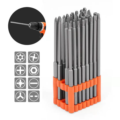 Set of screwdriver bits in a holder with close-up of a drill bit and symbol icons on a white background.