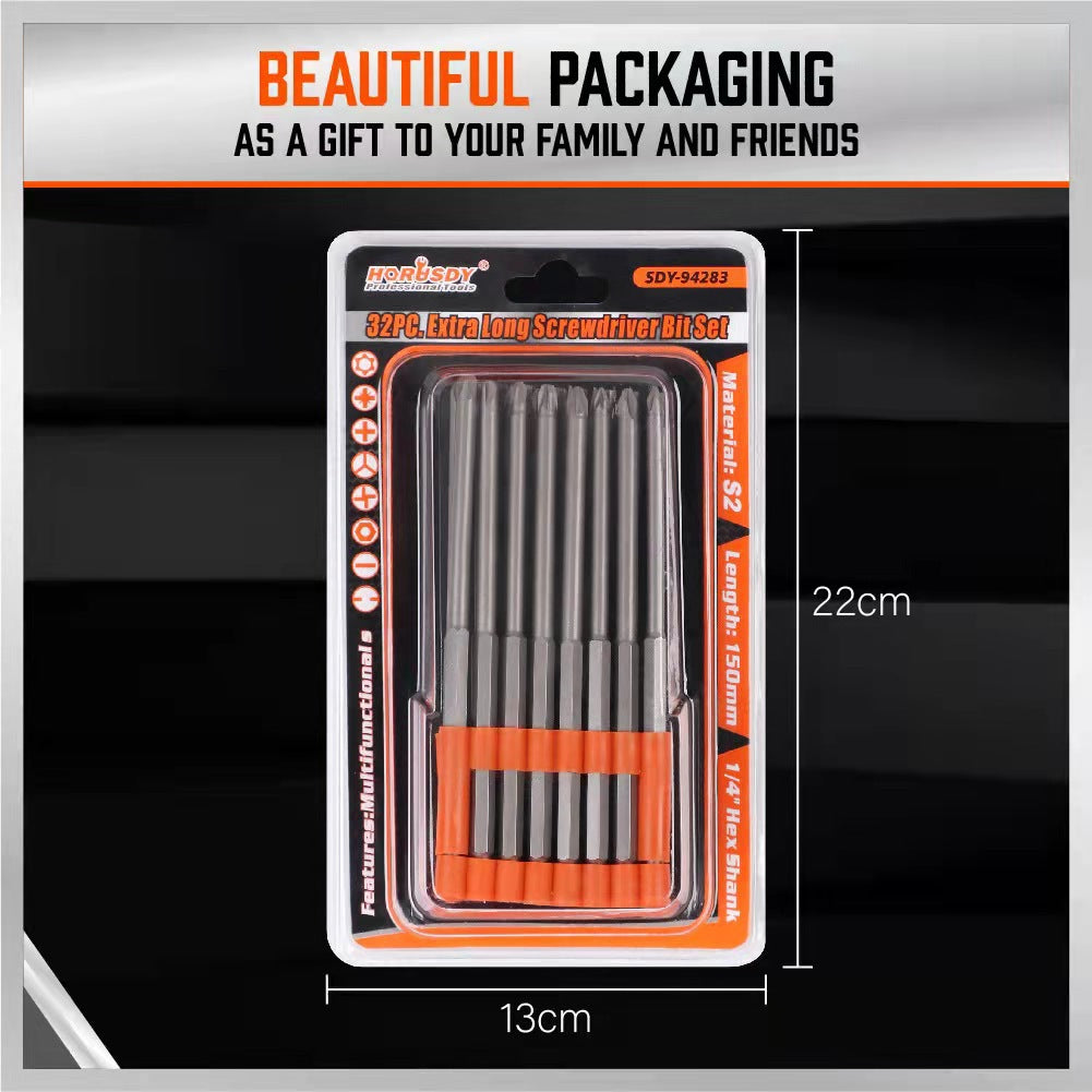 Screwdriver set packaging with dimensions and text on a black background