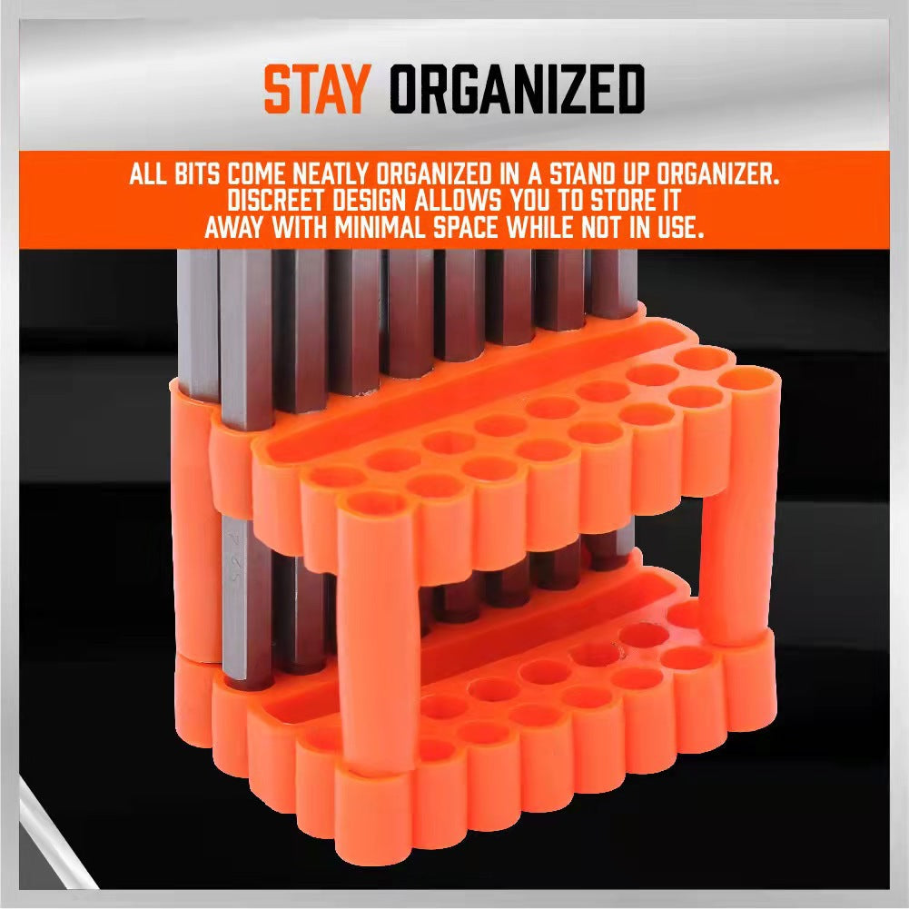 Orange tool bit organizer with text about organization on a black background